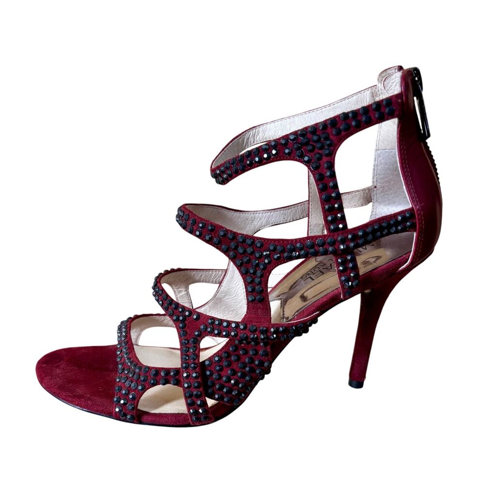 Michael Kors Maroon Shoe Black Rhinestone Studs Strappy Sandal Back Zipper $185 - Picture 2 of 6